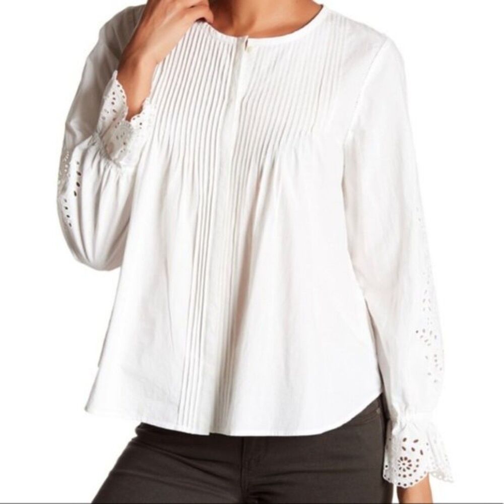 JOIE Kalyssa Pleated‎ Eyelet Blouse White Sz Medium